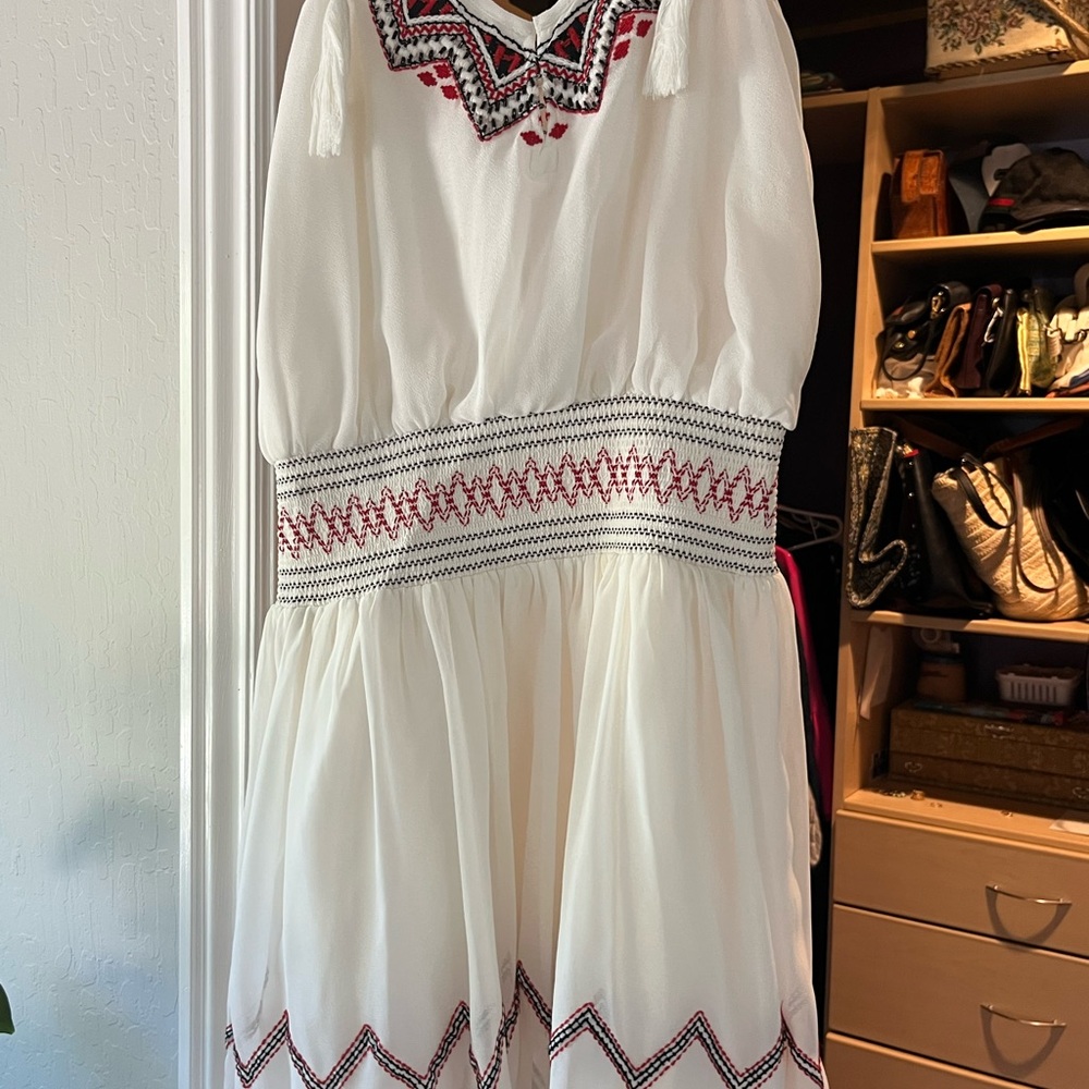 Embroidered White Dress with Red Accents